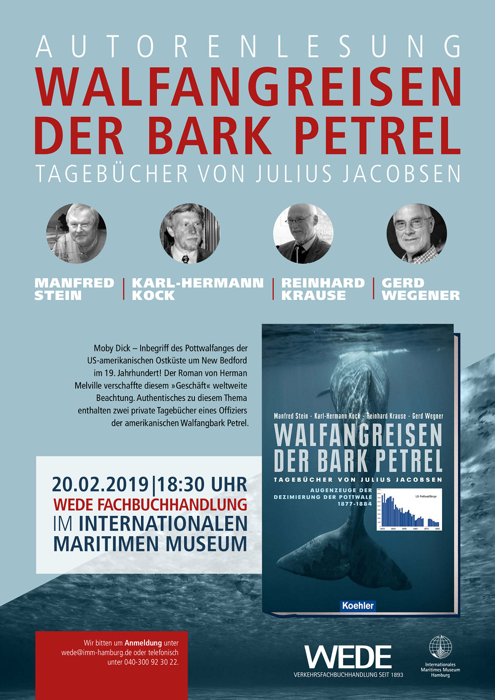 Walfang Walfangreisen der Bark Petrel Tagebücher von Julius Jacobsen Pottwale 19. Jahrhundert Buch WEDE Fachbuchhandlung Buchhandlung Lesung Internationales Maritimes Museum Hamburg IMMH Manfred Stein Karl-Hermann Kock Reinhard Krause Gerd Wegener Forschung Geschichte Koehler Verlag Event Veranstzaltung Moby Dick Pottwalfang Buchhandlung Kultur Atlantik