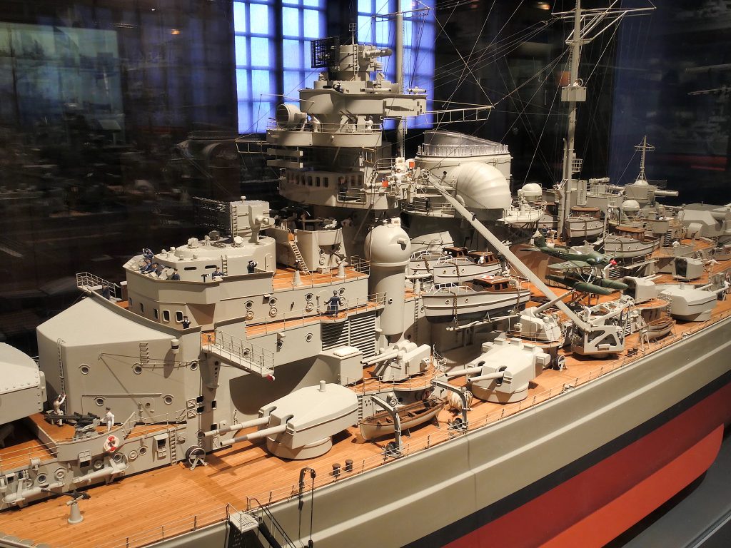 The 1:100 scale model of the battleship Bismarck built by Helmut Schmid and displayed at the Internationales Maritimes Museum Hamburg.