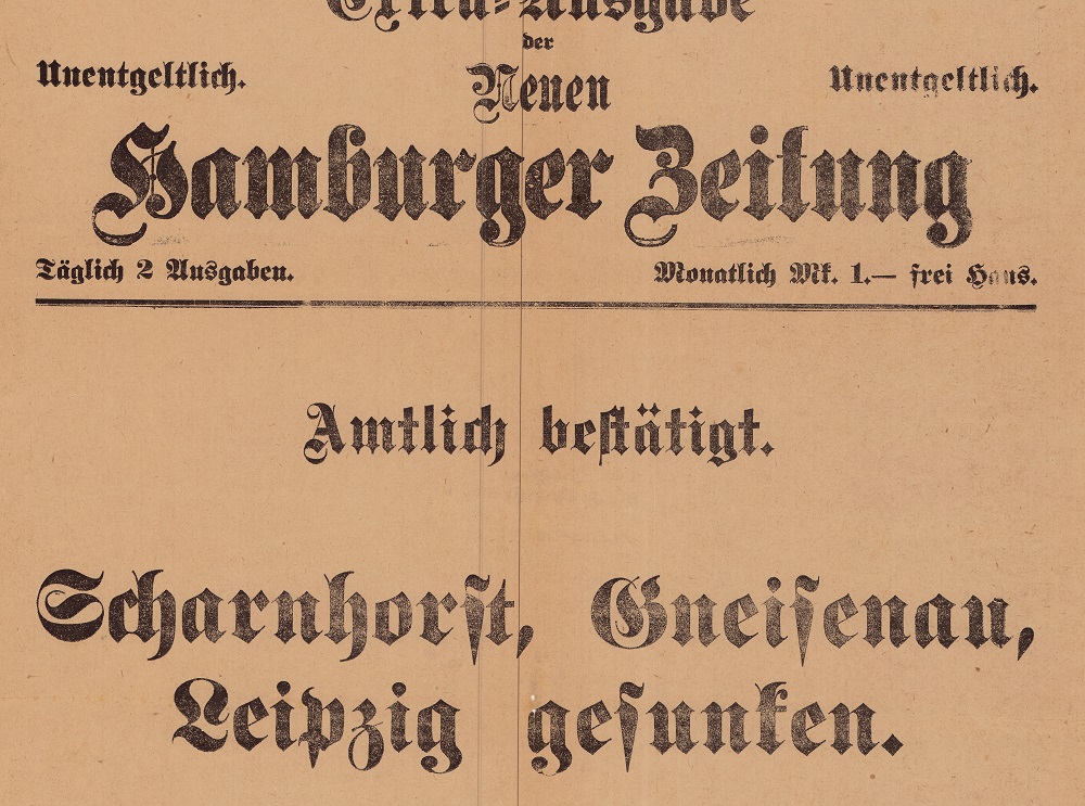 Ausschnitt der Extra-Ausgabe der Neuen Hamburger Zeitung (10.12.1914) aus der Extrablätter Sammlung des Internationalen Maritimen Museum Hamburg.