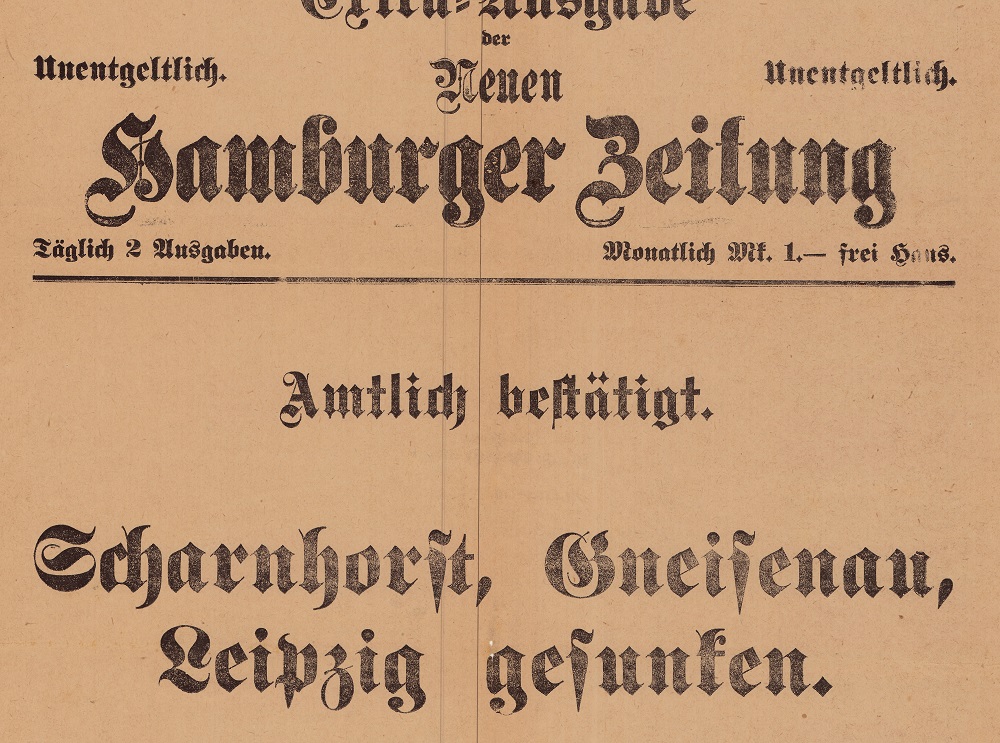 Ausschnitt der Extra-Ausgabe der Neuen Hamburger Zeitung (10.12.1914) aus der Extrablätter Sammlung des Internationalen Maritimen Museum Hamburg. 