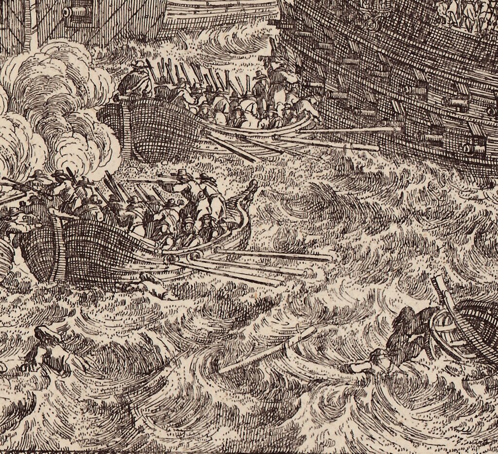 Ausschnitt aus "Pugna Navalis in ipsis ..". Kupferstiche im Online Archiv des Internationalen Maritimen Museum Hamburg.
