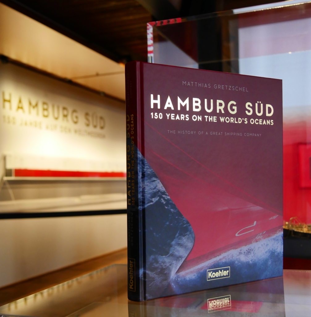 The book "Hamburg Süd - 150 Years on the World's Oceans" by Matthias Gretzschel presented in the special exhibition about the shipping company at teh International Maritime Museum Hamburg.