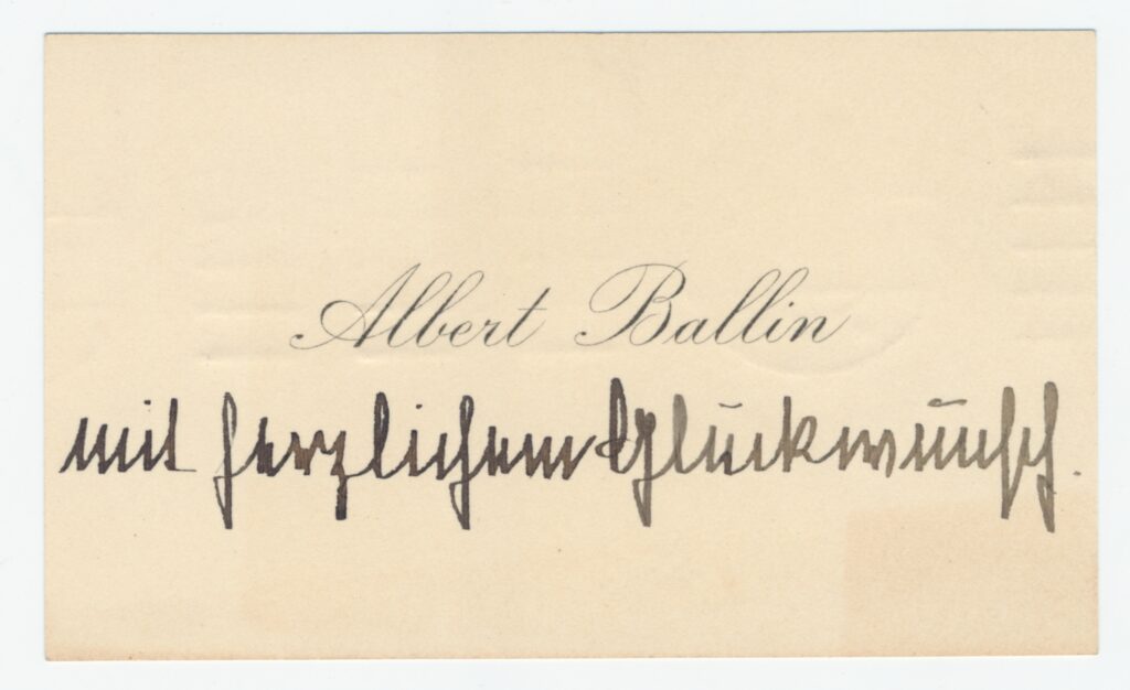 Visitenkarte von Albert Ballin mit Handschrift aus dem Historischen Archiv des Internationales Maritimes Museum Hamburg.