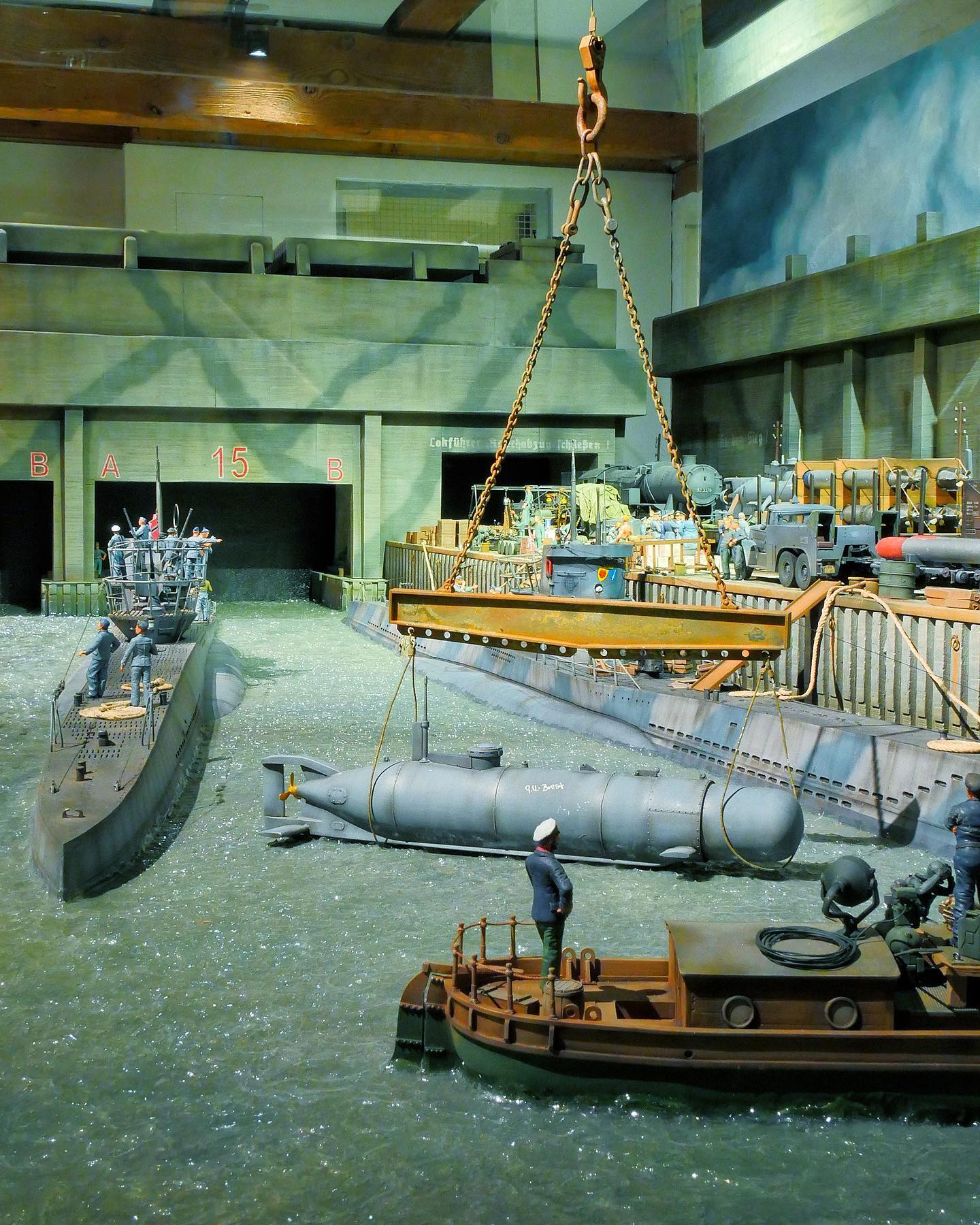 Submarine Diorama. This over 3 meters lang diorama was built by Siegfried Möhrman in a scale of 1:35. It was one of the last acquisitions made by our funder Prof. Peter Tamm before his passing. It is displayed in our exhibition dedicated to the history of subaquatic warfare, on deck 5 of the museum.