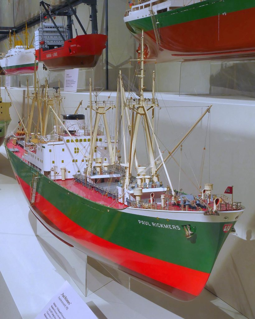 General cargo ship Paul Rickmers. This amazing yard model of the ship from 1955 was built by the workshop of Christel Stührmann in a scale of 1:100 and is displayed on deck 6 of the museum.