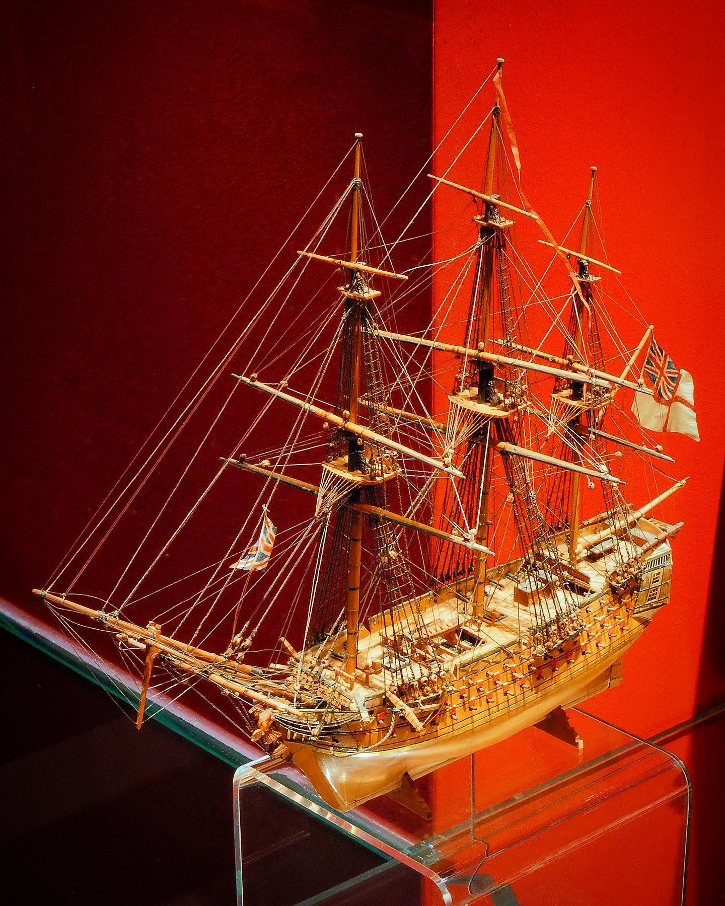 POW wooden ship model. This delicate miniature is under 30 cm long and stands with other specially valuables objects in the Treasure Chamber of the museum, on deck 8.