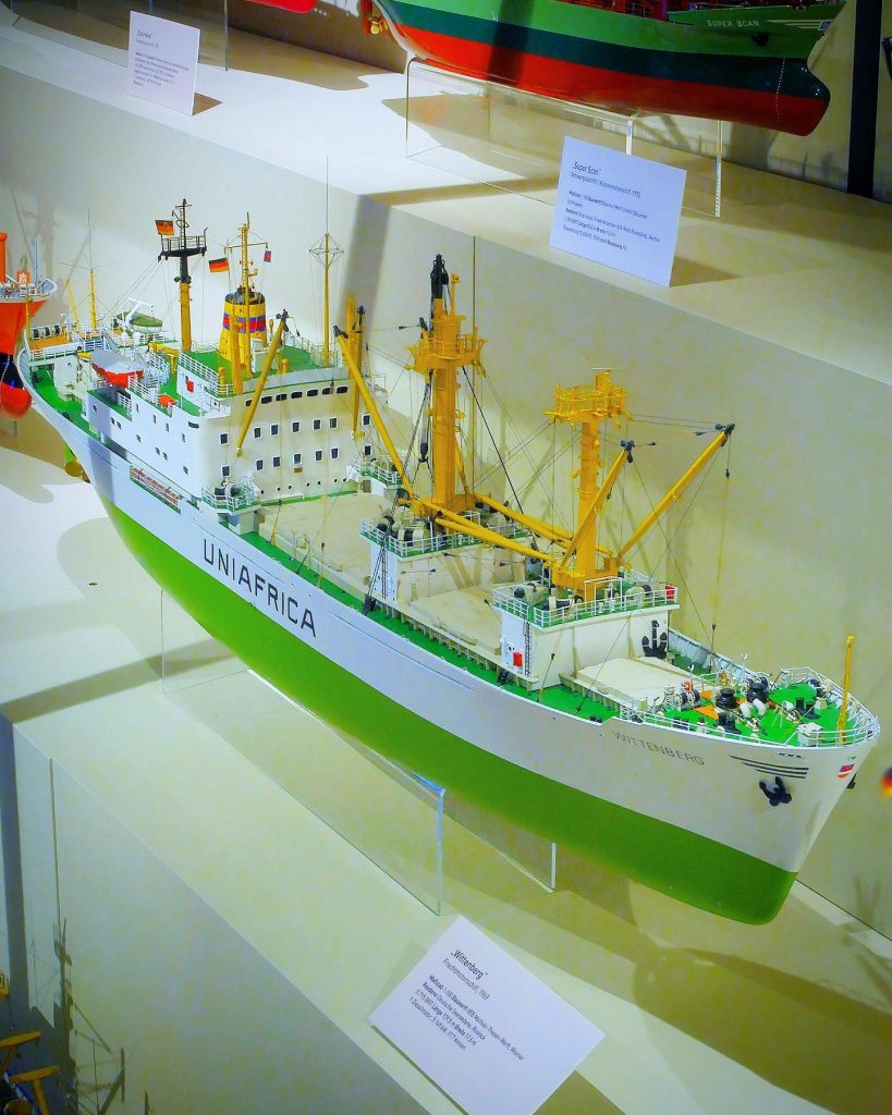 General cargo ship Wittenberg. This magnificent model of her was built in a scale of 1:100 by Gottfried Heinrich. It stands in our exhibition on modern maritime logistics, on deck 6 of the museum. 