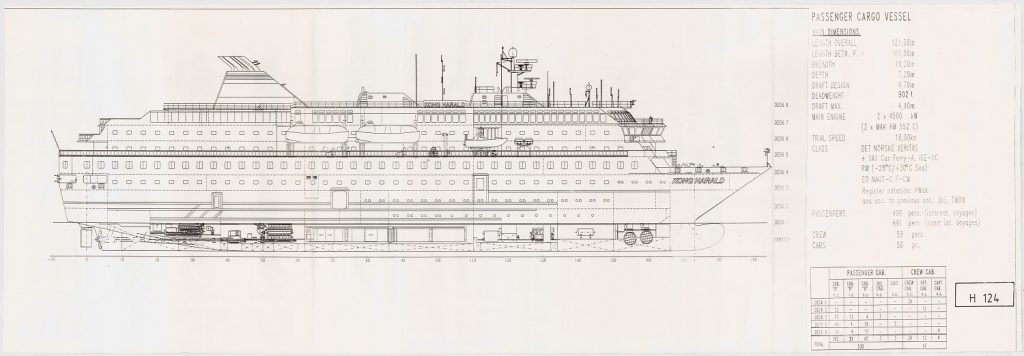 Baupläne des Hurtigruten Schiffes Kong Harald, aud dem Archiv des Internationalen Maritimen Museum Hamburg.