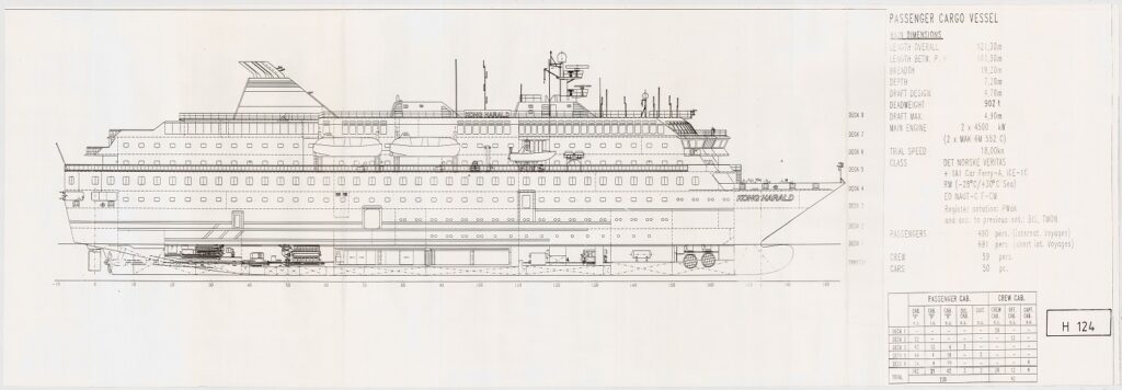 Baupläne des Hurtigruten Schiffes Kong Harald, aud dem Archiv des Internationalen Maritimen Museum Hamburg.