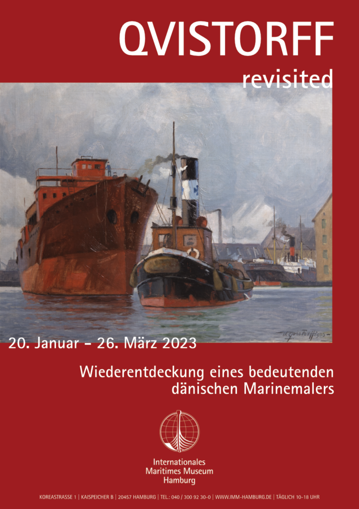 Die monografische Ausstellung "Qvistorff Revidited - Wiederentdeckung eines bedeutenden Marinemalers" wird vom 20. Januar bis 26. März 2023 auf Deck 8 des Internationalen Maritimen Museums Hamburg zu sehen sein. Der Besuch ist im Eintrittspreis des Museums enthalten. 