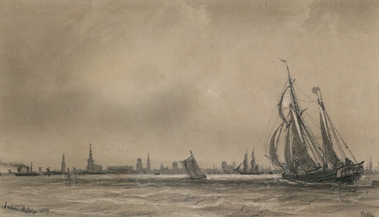Anton Melbye (1818-1875), Segler vor Kopenhagen, 1849, weißgehöhte Bleistiftzeichnung, Internationales Maritimes Museum Hamburg, Inv. Nr. K-705