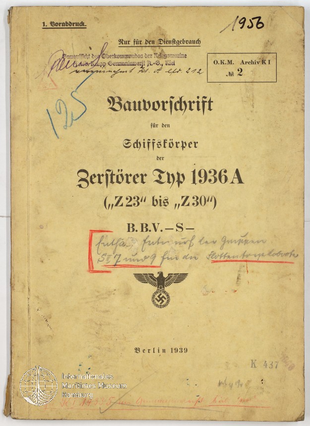 Bauvorschrift für den Schiffskörper des Zerstörers Typ 1936 A