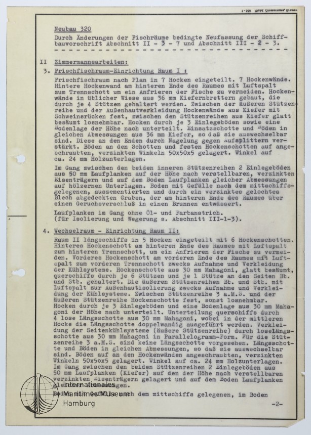 Bauvorschrift für ein Fischmotorschiff Neubau 310 der Rickmers Werft, Bremerhaven für die Gemeinwirtschaftliche Hochseefischerei G.m.b.H. Bremerhaven