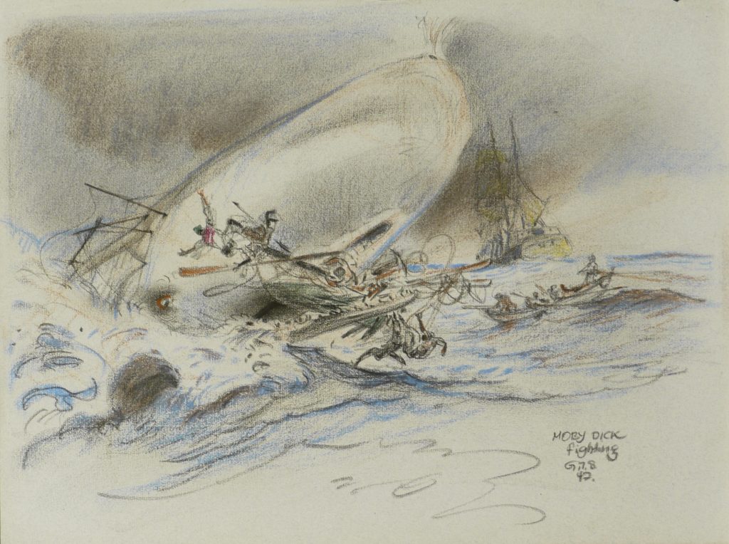 Kunstwerk der Ausstellung G.T.S. – Vielfalt einer künstlerischen Handschrift im Internationalen Maritimen Museum Hamburg. Kampfszene aus Moby Dick.