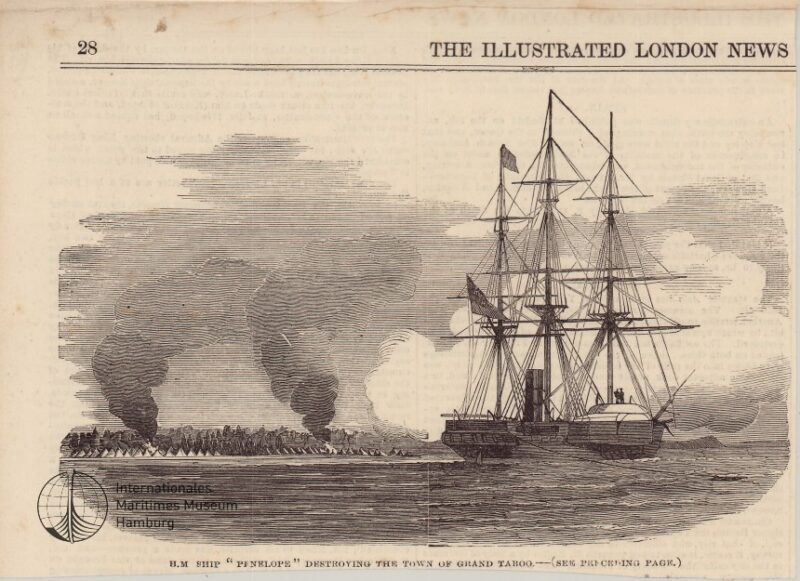 H.M. Ship 'Penelope' destroying the town of Grand Taboo