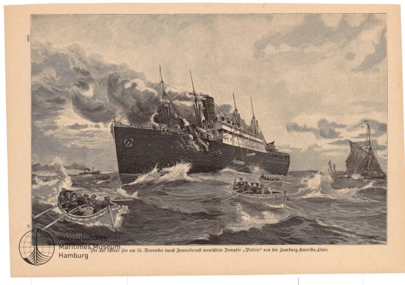 Der auf offener See am 15. November durch Feuersbrunst vernichtete Dampfer 'Patria' von der Hamburg-Amerika-Linie