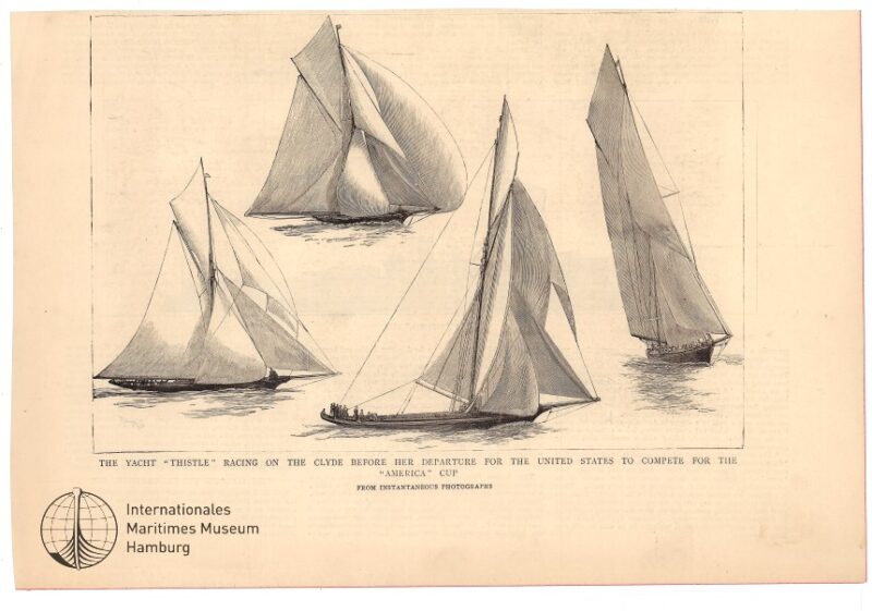 The Yacht 'Thistle' racing on the clyde before her departure for the United States to complete for the America Cup