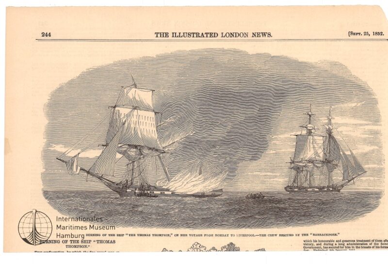 Burning of the Ship The 'Thomas Thompson' on her Voyage from Bombay to Liverpool, The Crew rescued by the 'Barrackpore'