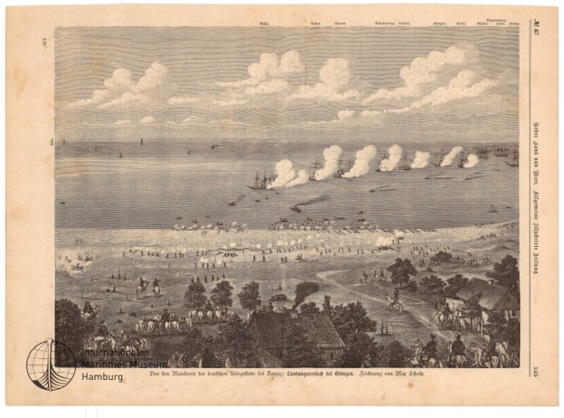 Von den Manövern der deutschen Kriegsflotte bei Danzig: Landungsversuch bei Gdingen, Zeichnung von Max Scholtz; 'Grille', 'Baden', 'Bayern', 'Württemberg', 'Sachsen' 'Nymphe', 'Hansa', 'Blücher', 'Niobe', 'Undine'
