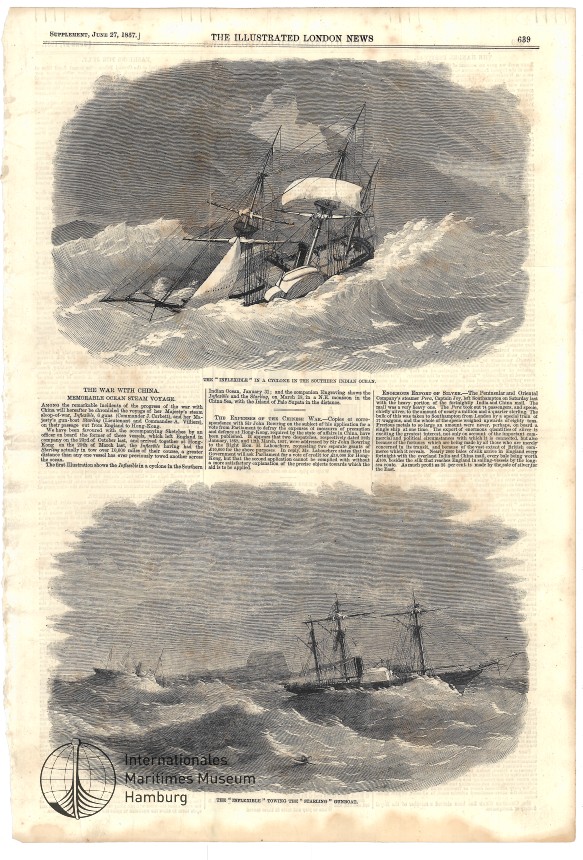 The war with China: oben: The 'Inflexible' in a cyclone in the southern Indian ocean; unten: The 'Inflexible' towing The 'Starling' gunboat