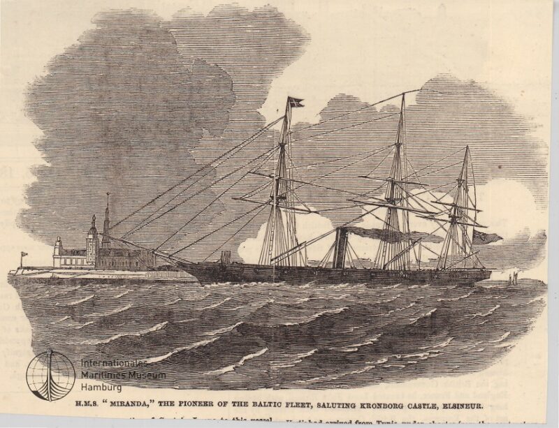 H.M.S. 'Miranda', the pioneer of the Baltic fleet, saluting Kronborg Castle, Elsineur