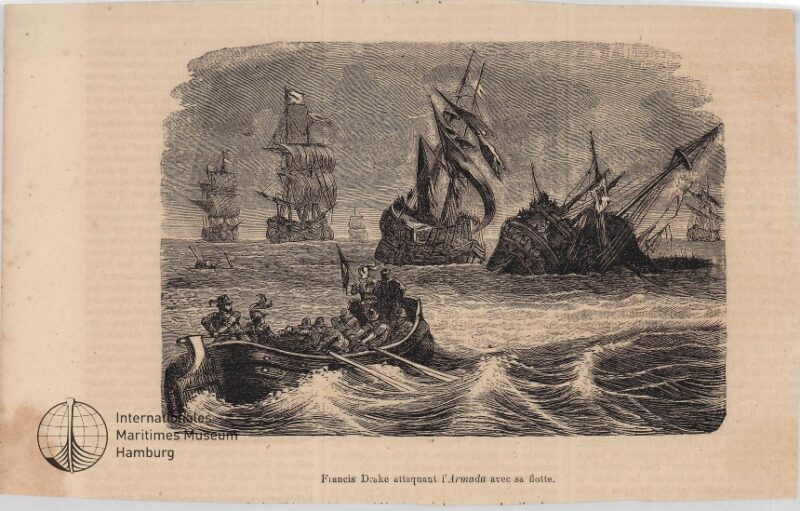 Francis Drake attaquant l'Armada' avec sa flotte