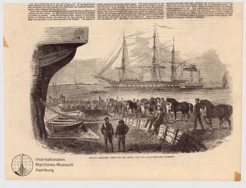 Shipping artillery horses for the crimea, from the Royal Dockyard, Woolwich