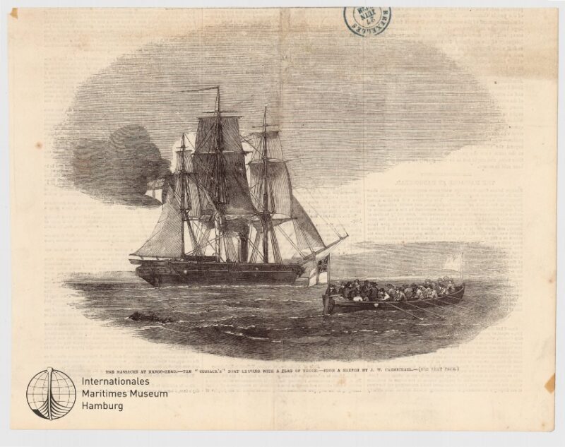 The massacre at Hango-Head, The 'Cossack's' boat leaving with a flag of truce, from a sketch by J.W. Carmichael