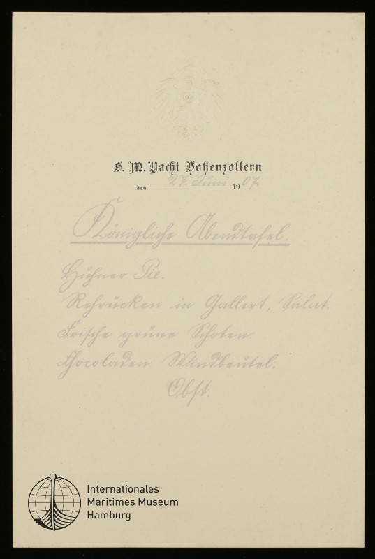 Speisekarte der Königlichen Abendtafel der S.M. Yacht "Hohenzollern" vom 27.06.1907