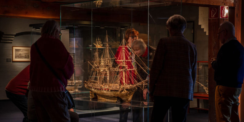 Menschen bewegen sich durch einen abgedunkelten Museumsraum mit Vitrinen und Ausstellungsstücken.