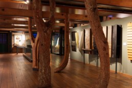 Museumsausstellung in warmem Licht mit massiven Baumst&auml;mmen als S&auml;ulen zwischen Holzbohlenboden, Vitrinen mit Schiffsmodellen und h&ouml;lzernen Ausstellungstafeln.