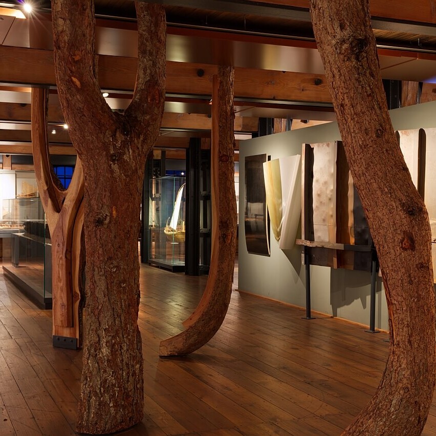 Museumsausstellung in warmem Licht mit massiven Baumstämmen als Säulen zwischen Holzbohlenboden, Vitrinen mit Schiffsmodellen und hölzernen Ausstellungstafeln.