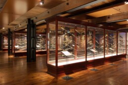 Weitläufige Museumshalle mit warmem Licht und Holzboden, große Glasvitrinen, darin zahlreiche historische Säbel, Degen und Paradewaffen mit goldenen Griffen.
