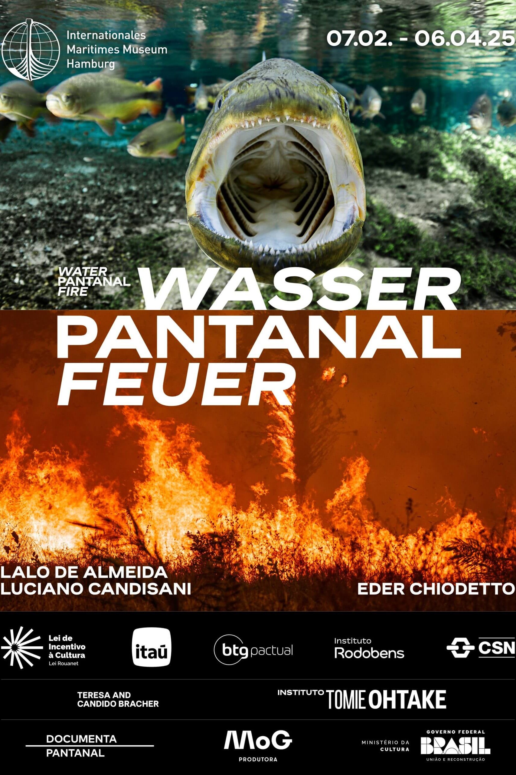 Oben ein weit geöffnetes Raubfischmaul unter Wasser mit mehreren Fischen, unten lodernde Brandlandschaft und mittig der große Schriftzug WASSER PANTANAL FEUER.