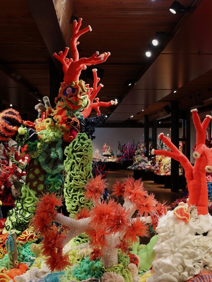 Bunte, großflächige Häkelinstallation in einem Galerie-Raum: leuchtend rote, verzweigte Korallen, orange Anemonen, grüne labyrinthartige und knäulige Strukturen.