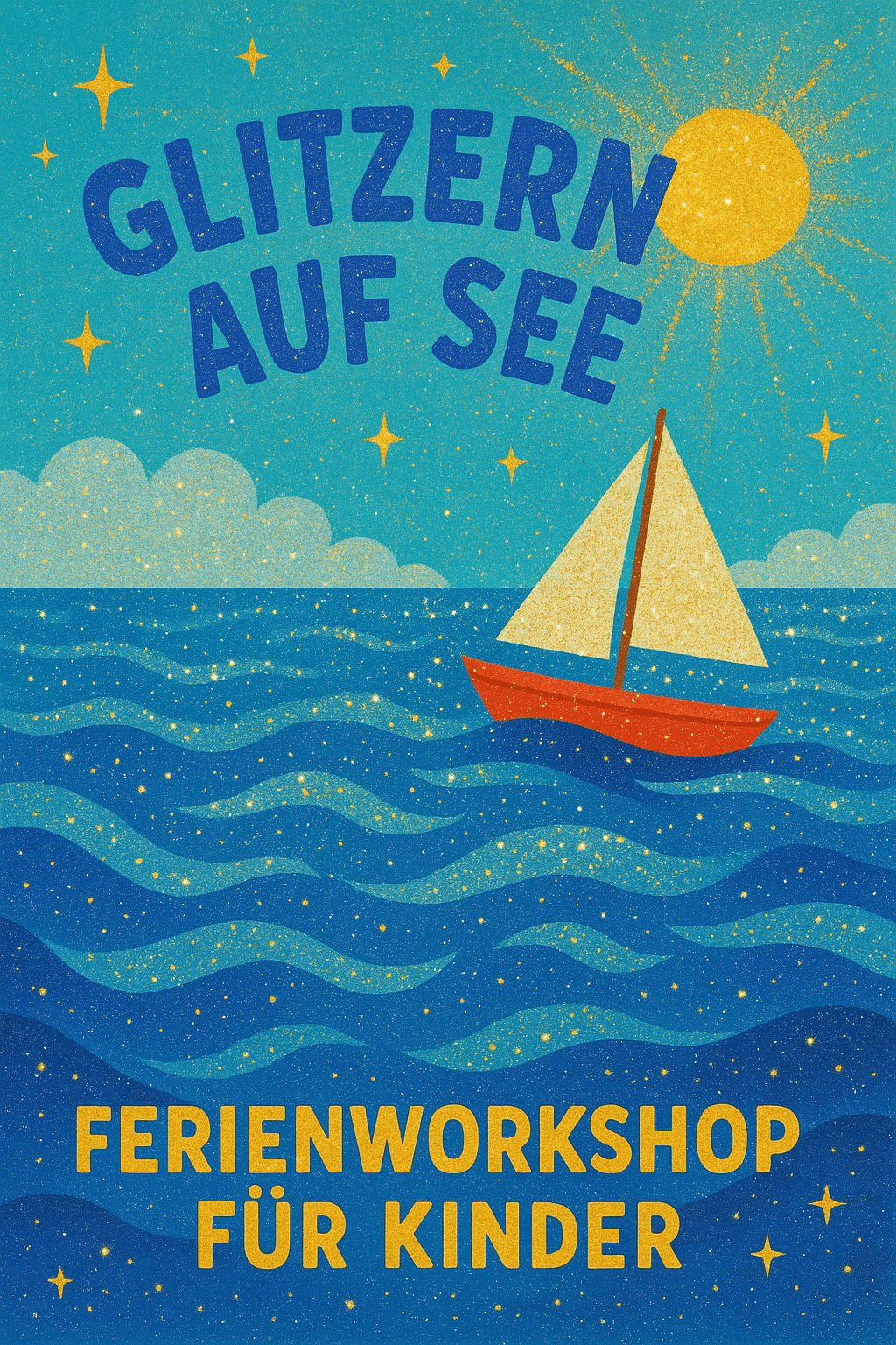 Bunte Plakatillustration mit einem roten Segelboot und goldglitzernden Segeln auf welligem, funkelndem blauem Meer unter einer goldenen Sonne und Sternen, oben der Titel &bdquo;Glitzern auf See&ldquo; und unten die Aufschrift &bdquo;Ferienworkshop f&uuml;r Kinder&ldquo;.