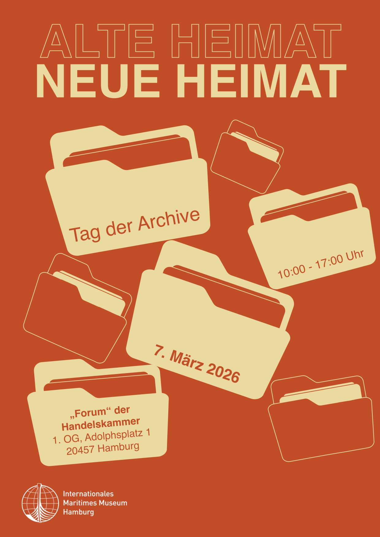 Veranstaltungsplakat zum Tag der Archive 2026 in Hamburg mit dem Motto &bdquo;Neue Heimat &ndash; Alte Heimat&ldquo;, 7. M&auml;rz 2026, Handelskammer Hamburg.
