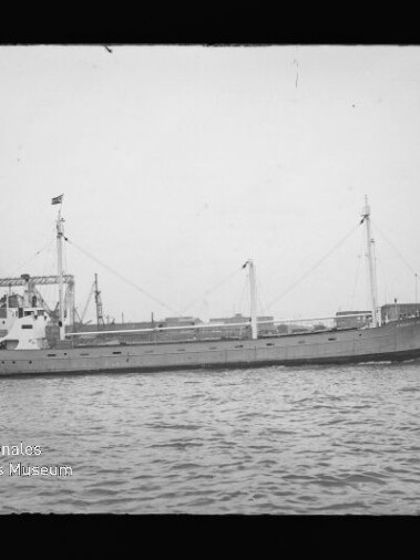 Frachtschiff mit zwei Masten und Ladekränen auf ruhigem Wasser, Hafenbebauung im Hintergrund.