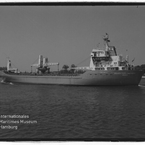 Frachtschiff fährt vor Küste, links unten Logo und Schriftzug Internationales Maritimes Museum Hamburg.