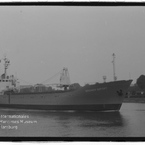 Frachtschiff WIEDNER IMPORT mit Ladekranen fährt auf ruhigem Wasser vor einem baumbestandenen Ufer.