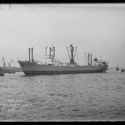 Frachtschiff mit mehreren Lademasten und Schleppern vor Hafenkränen, Wasser im Vordergrund.