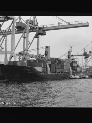 Containerschiff am Kai unter hohen Hafenkränen, beladene Containerstapel und ein Schlepper im Vordergrund.