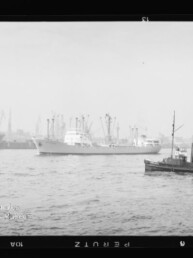 Frachtschiff in der Hafeneinfahrt, im Vordergrund ein Schlepper und im Hintergrund Hafenkräne sowie weitere Schiffe.