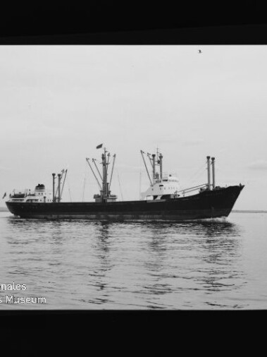 Schwarzweiß-Seitenansicht eines Frachtschiffs mit mehreren Ladekranen auf ruhigem Wasser; Wasserzeichen: Internationales Maritimes Museum Hamburg.