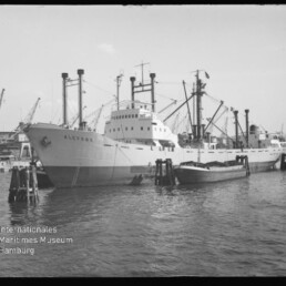 Frachtschiff ALCYONE am Kai, kleines Beiboot daneben und mehrere Ladekräne im Hintergrund