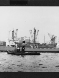 Graustufenfoto eines Frachtschiffs mit mehreren Ladekränen und einem kleinen Schlepper im Vordergrund vor Hafenkränen.