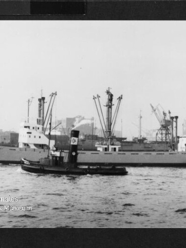 Graustufenfoto eines Frachtschiffs mit mehreren Ladekränen und einem kleinen Schlepper im Vordergrund vor Hafenkränen.