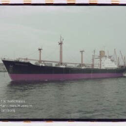 Frachtschiff mit dunklem Rumpf und pinker Unterkante, Ladebäumen und Hafen; Wasserzeichen Maritimes Museum Hamburg.