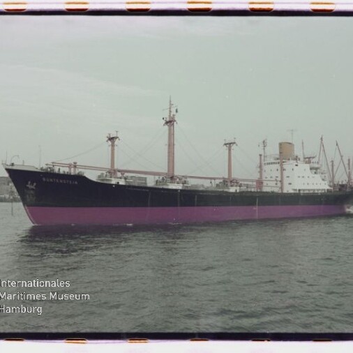 Frachtschiff mit dunklem Rumpf und pinker Unterkante, Ladebäumen und Hafen; Wasserzeichen Maritimes Museum Hamburg.