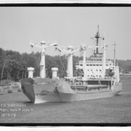 Frachtschiff mit Ladekränen fährt an bewaldetem Ufer vorbei, links unten Wasserzeichen Maritimes Museum Hamburg